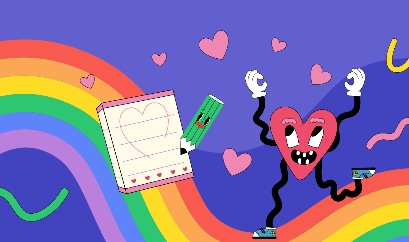 an illustration of a pencil drawing a heart in a notebook and a heart with eyes, mouth, arms, and legs running on a rainbow