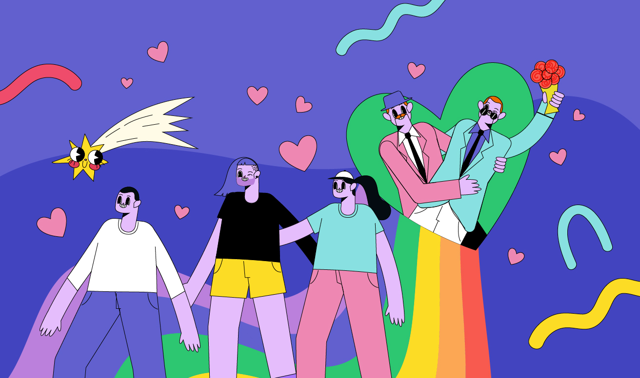 an illustration of three people holding hands and a couple of married men in a heart