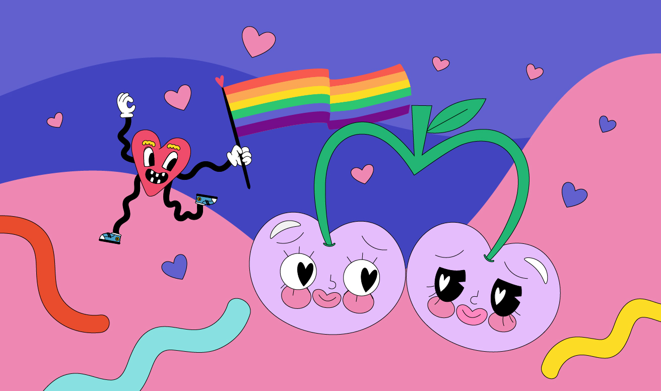 an illustration of a heart with eyes, mouth, arms and legs holding the Pride flag and faces loving each other in a background filled with small hearts